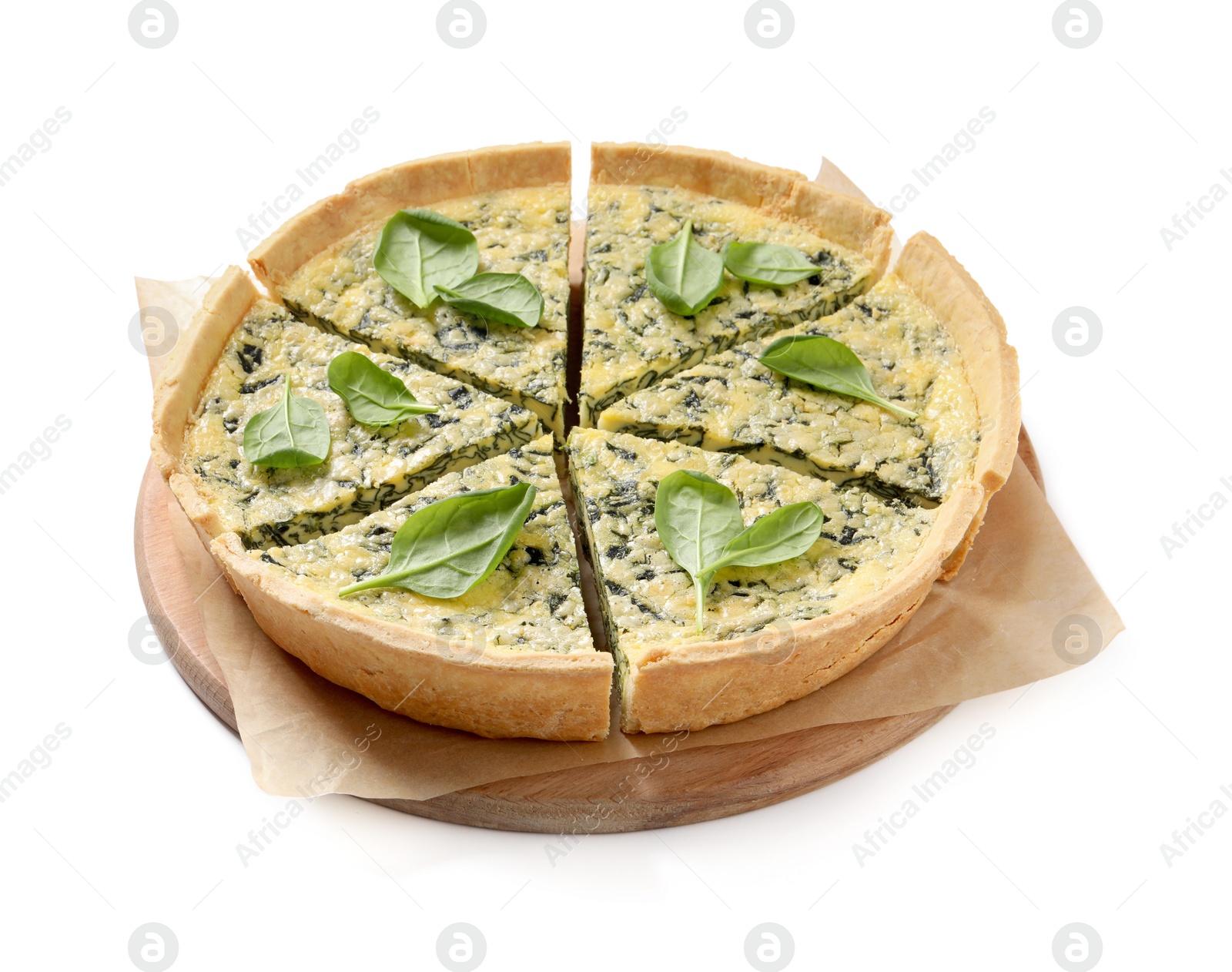 Photo of Sliced delicious homemade spinach pie isolated on white