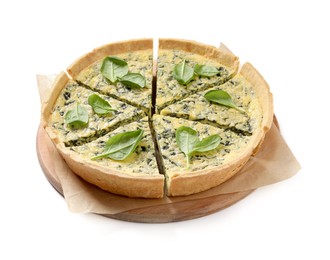 Sliced delicious homemade spinach pie isolated on white