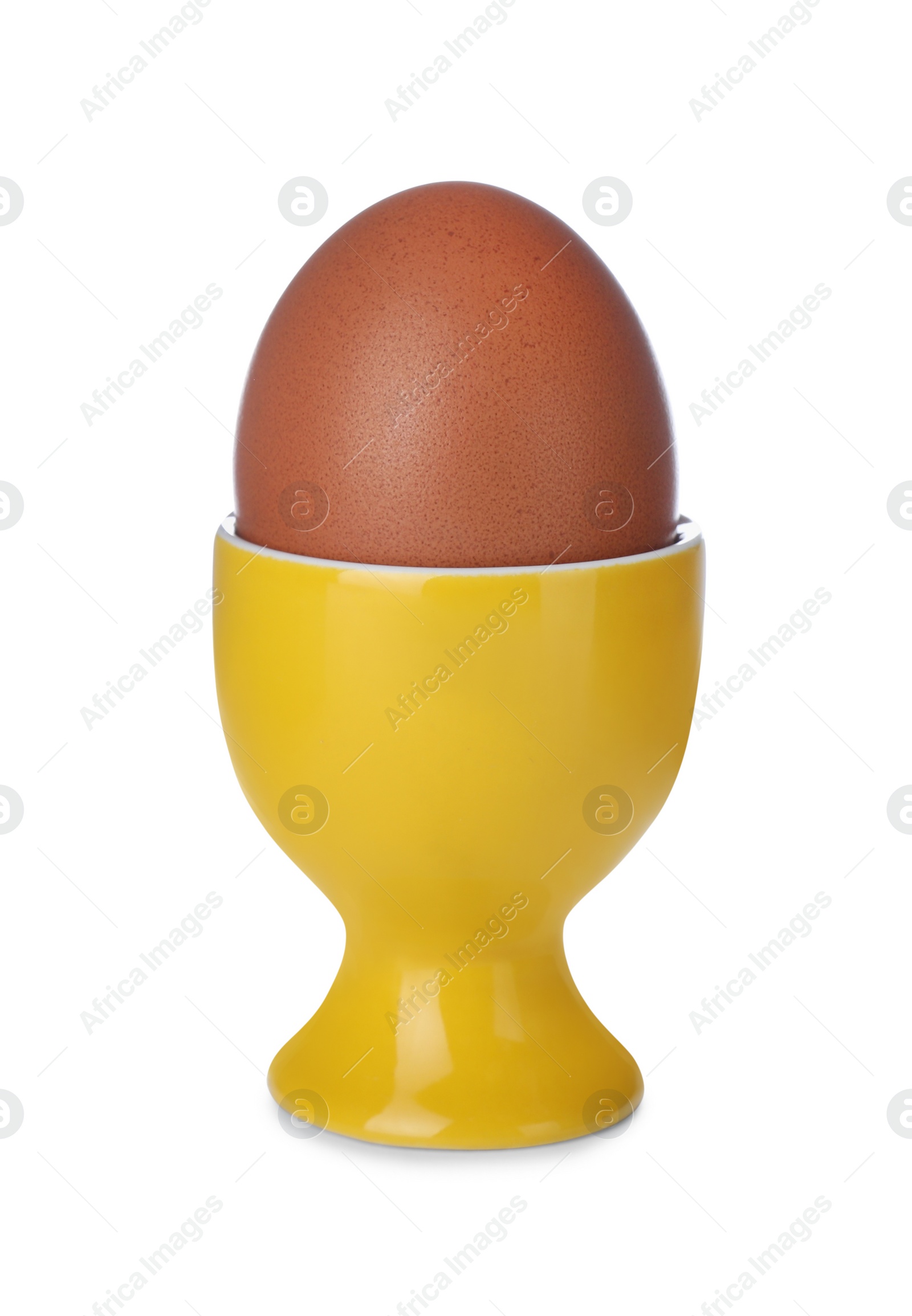 Photo of Cup with unpeeled boiled egg isolated on white
