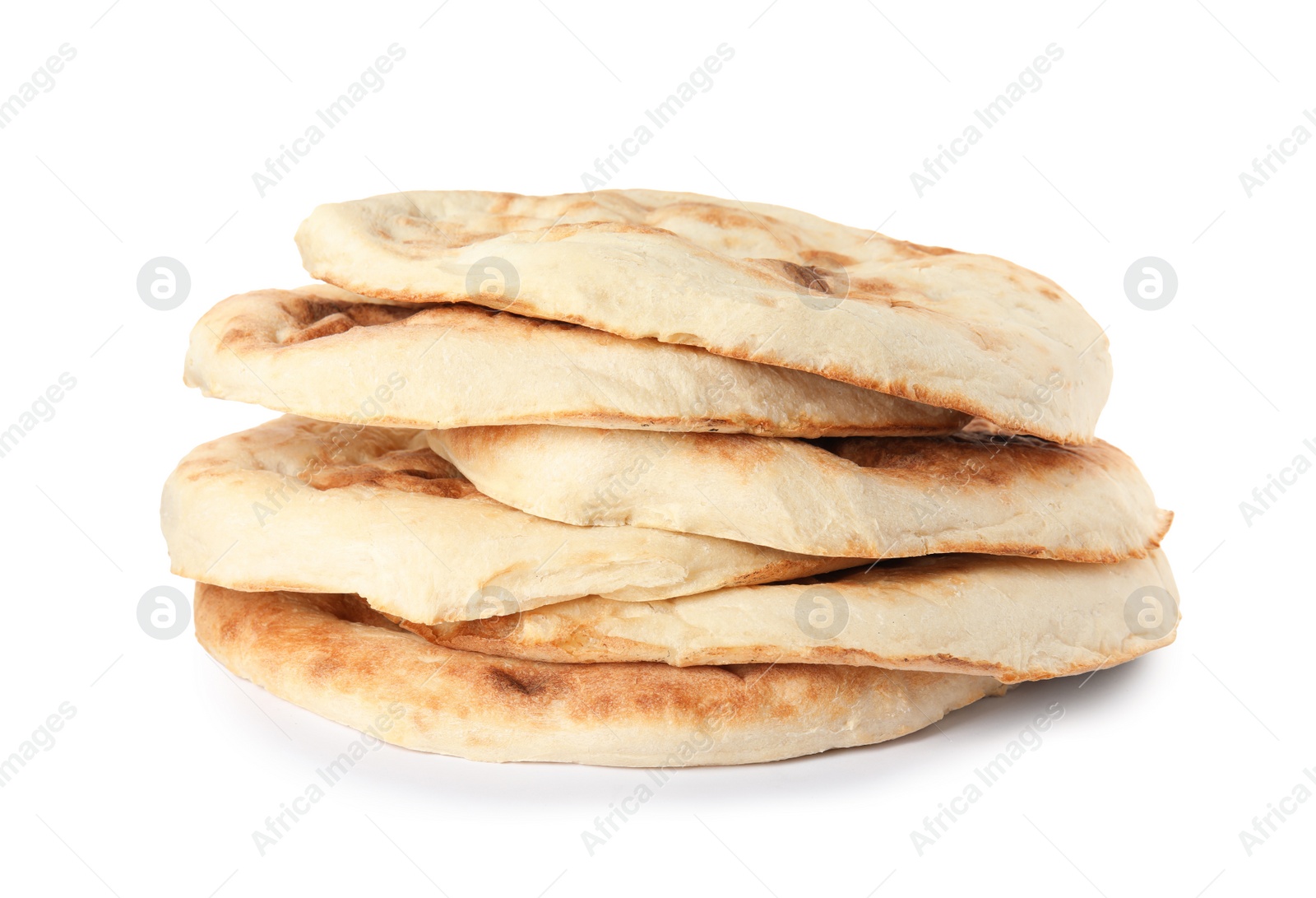 Photo of Loaves of delicious fresh pita bread on white background