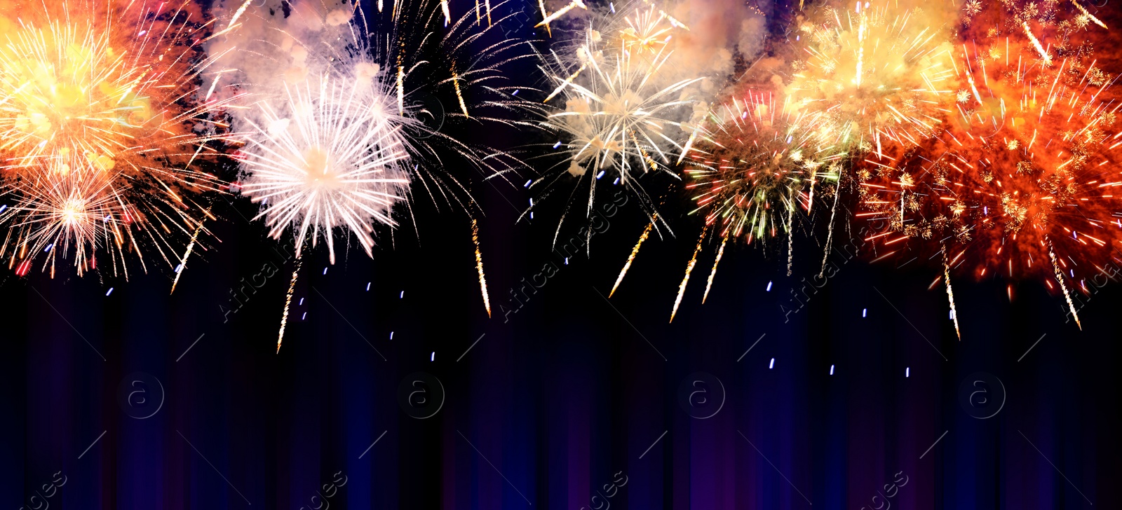 Image of Beautiful bright firework lighting up night sky. Banner design