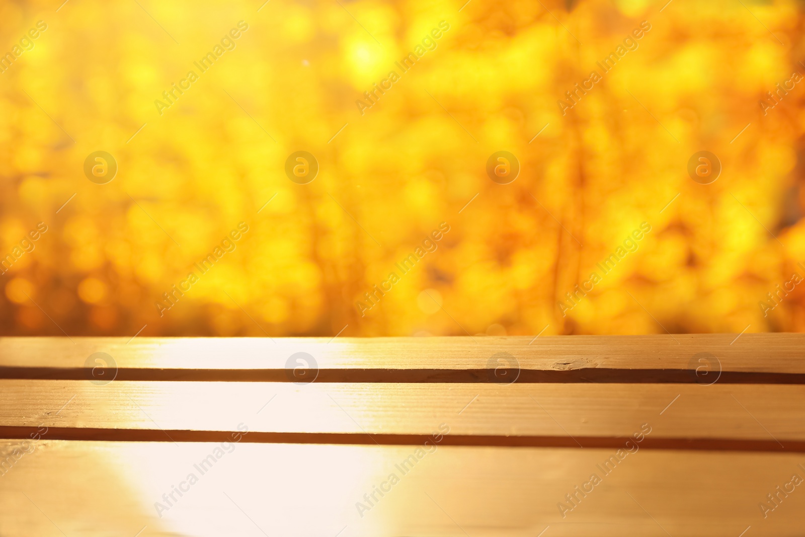 Photo of Wooden table and blurred autumn scenery on background. Space for text