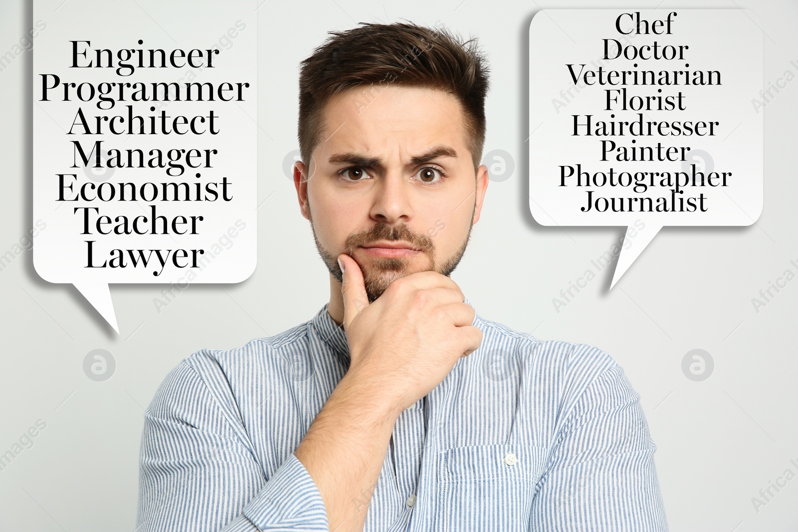 Image of Thoughtful young man choosing profession on light background