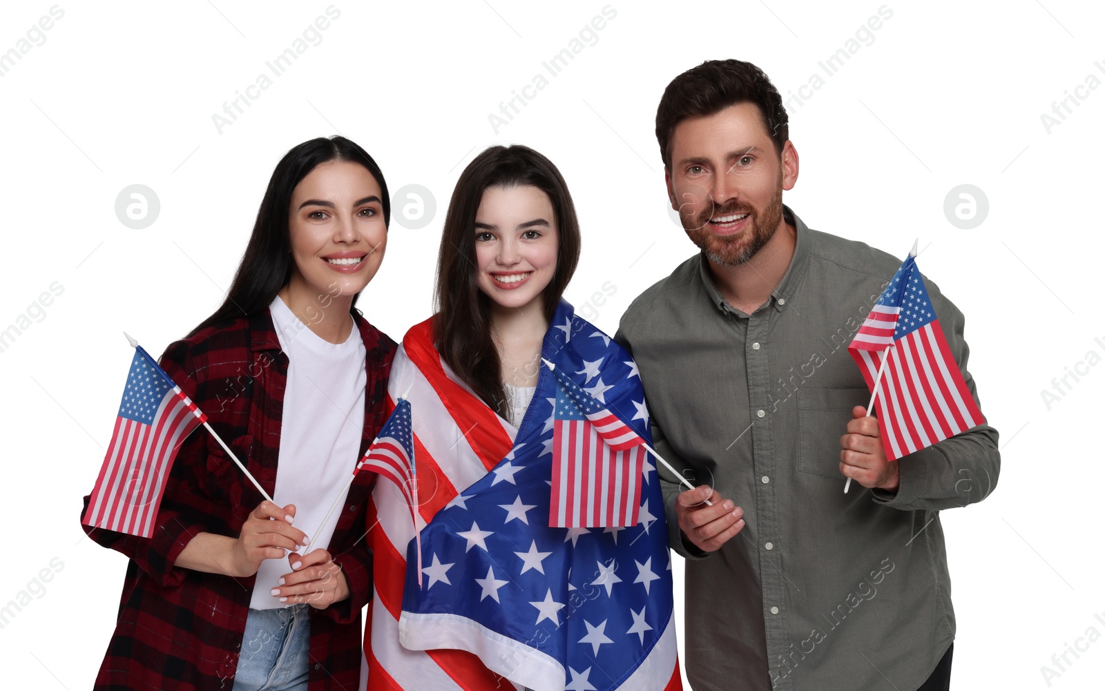 Image of 4th of July - Independence day of America. Happy family with national flags of United States on white background