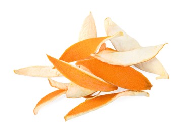 Pile of dry orange peels isolated on white, top view