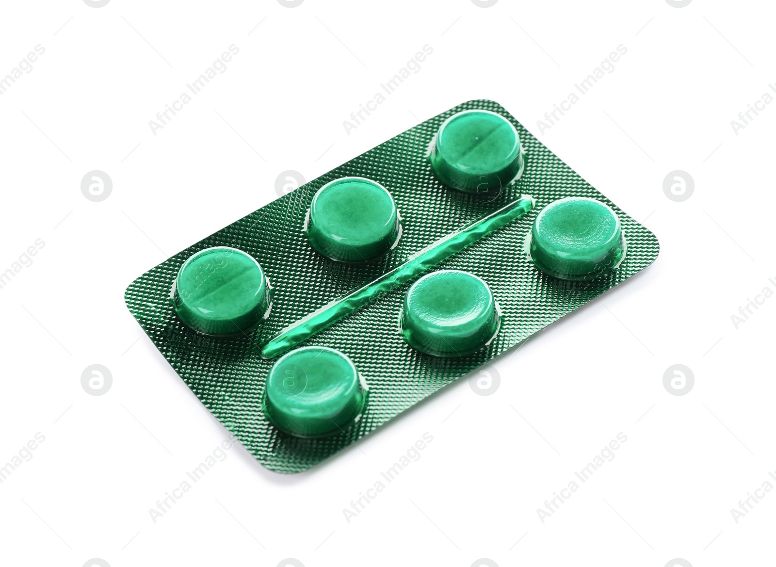 Photo of Pills in blister pack on white background. Medical treatment