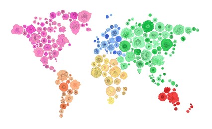 Image of World map made of beautiful flowers on white background, banner design