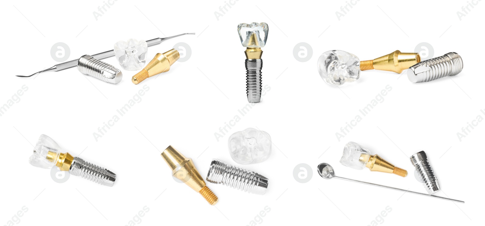 Image of Educational models of dental implants and medical tools on white background, collage. Banner design