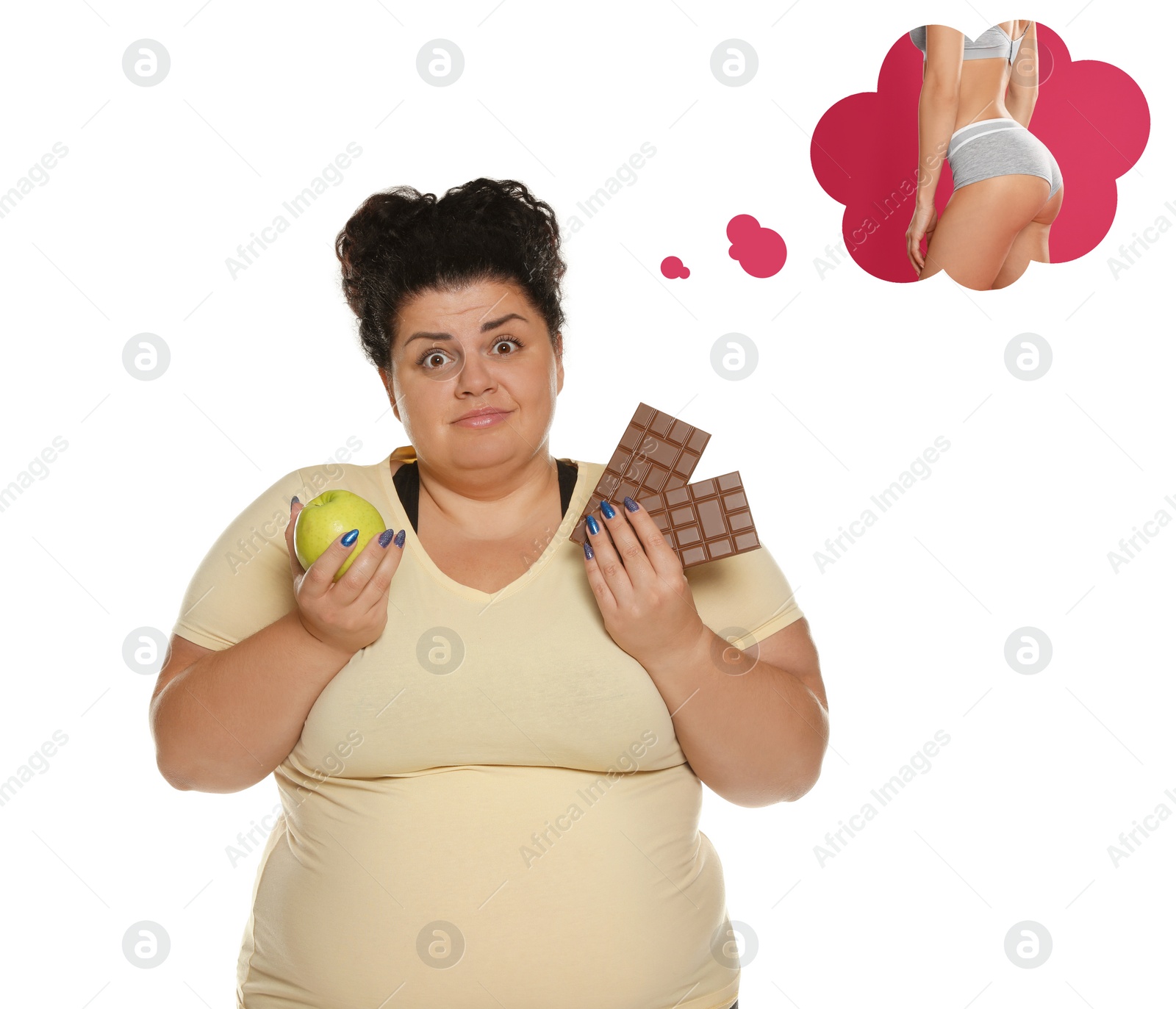 Image of Overweight woman with apple and chocolate dreaming about slim body on white background