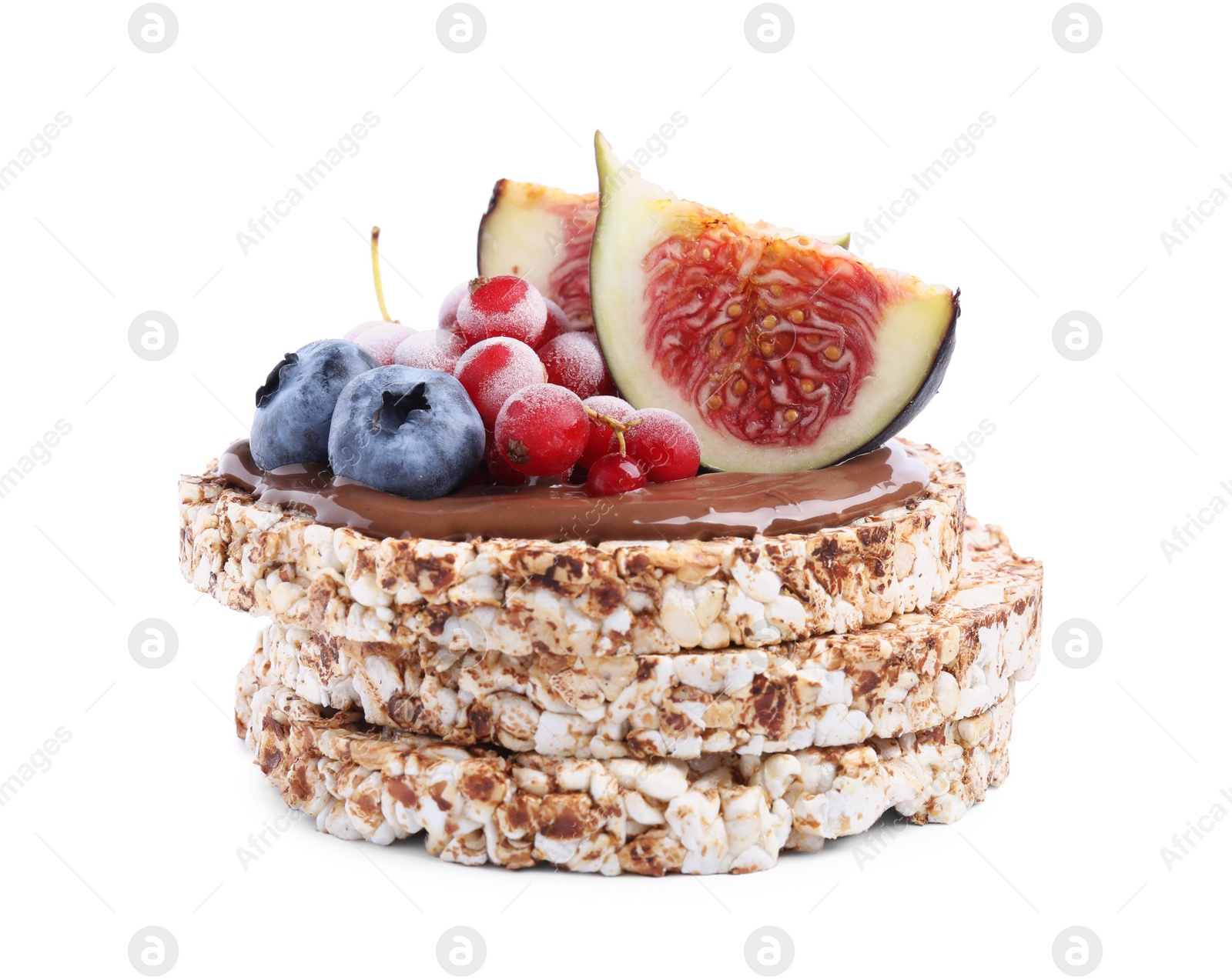 Photo of Tasty crispbreads with chocolate, berries and figs on white background