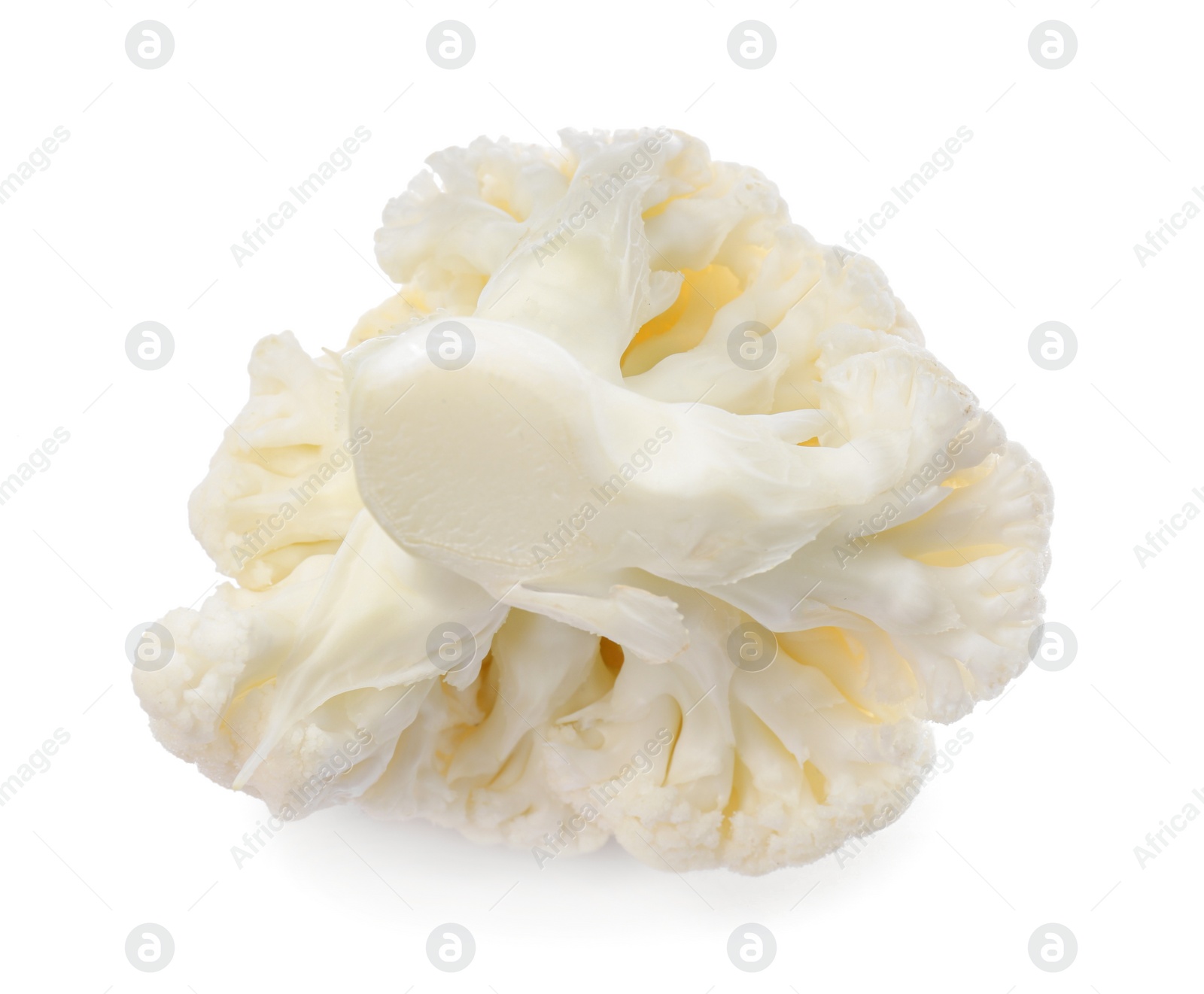 Photo of Cut fresh raw cauliflower on white background, top view