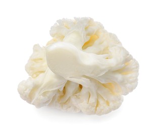 Photo of Cut fresh raw cauliflower on white background, top view