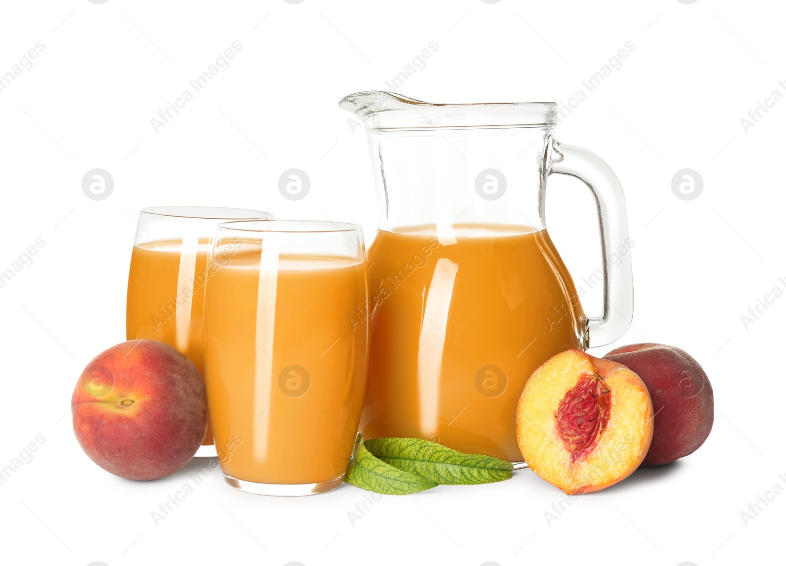 Photo of Natural freshly made peach juice on white background