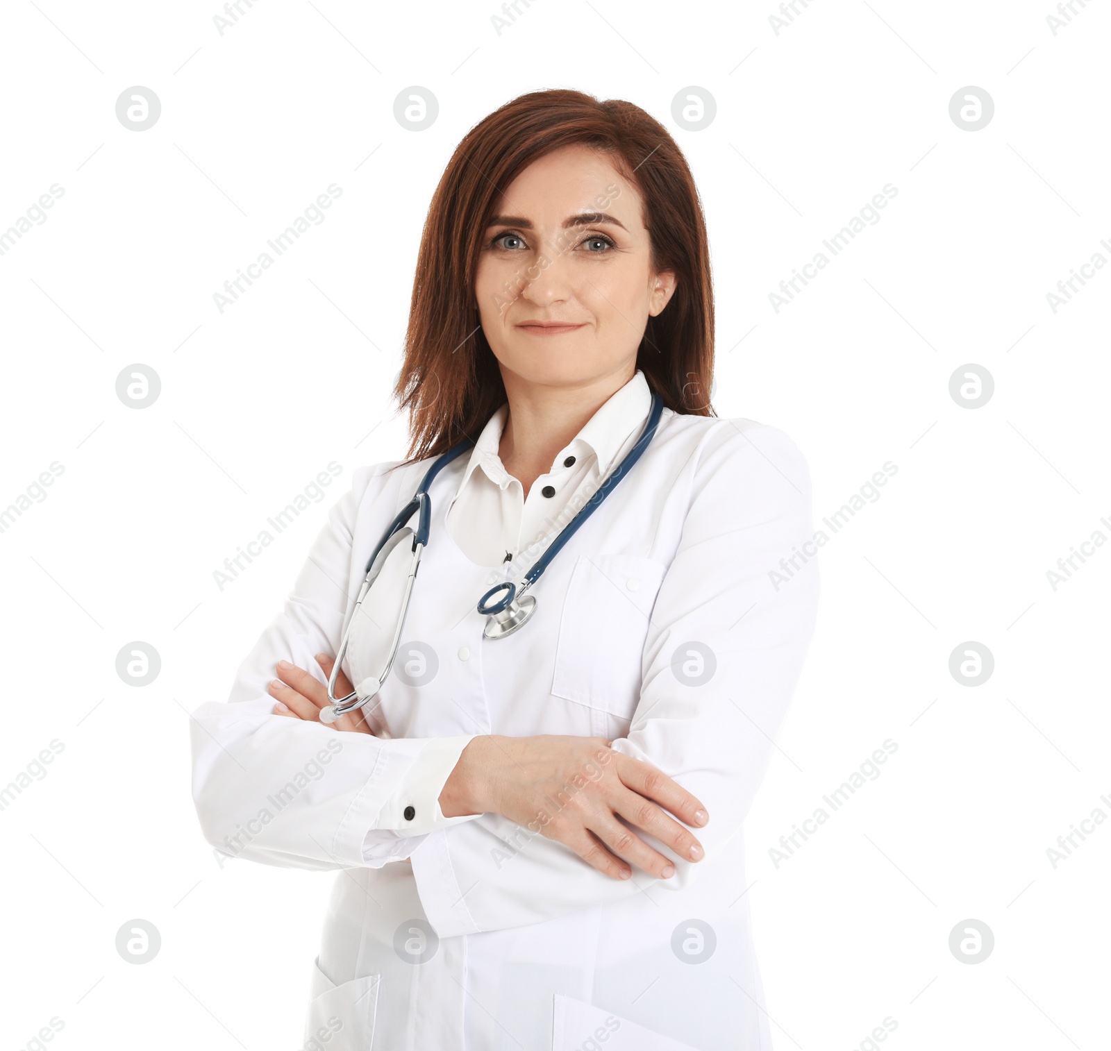 Photo of Portrait of female doctor isolated on white. Medical staff