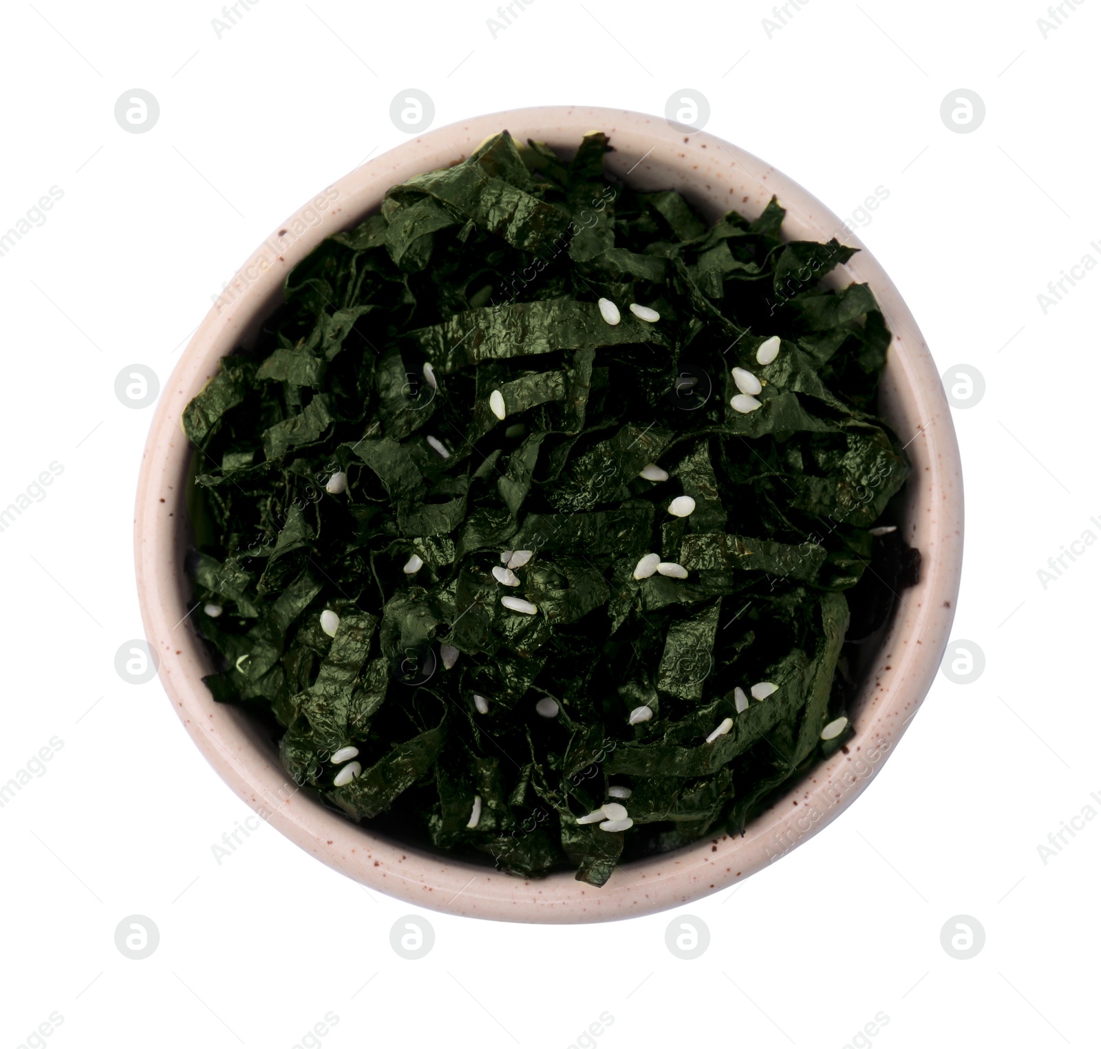 Photo of Chopped nori sheets with sesame isolated on white, top view