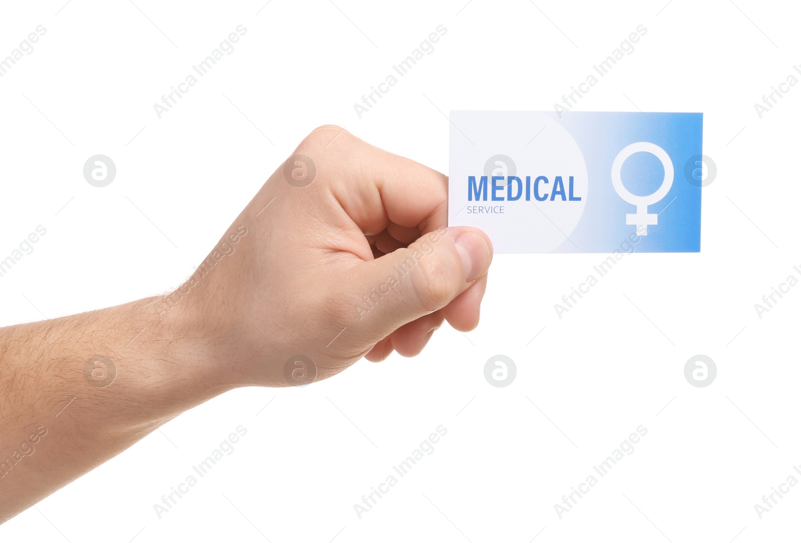 Photo of Man holding medical business card isolated on white, closeup. Women's health service