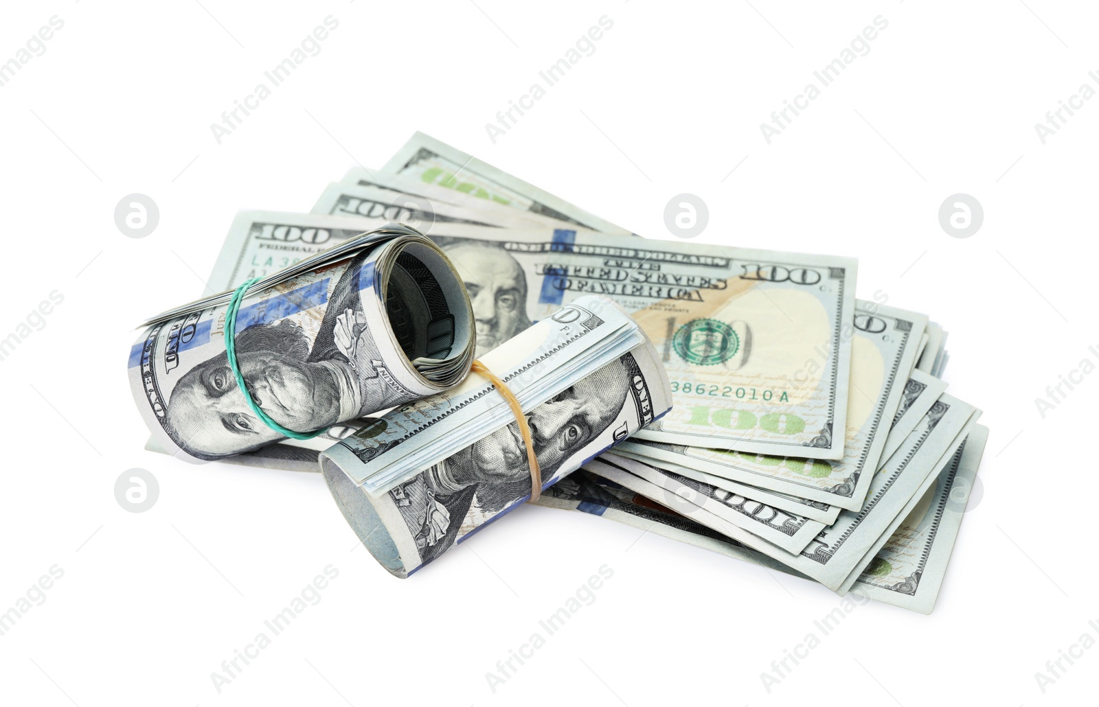 Photo of Many dollar banknotes on white background. American national currency