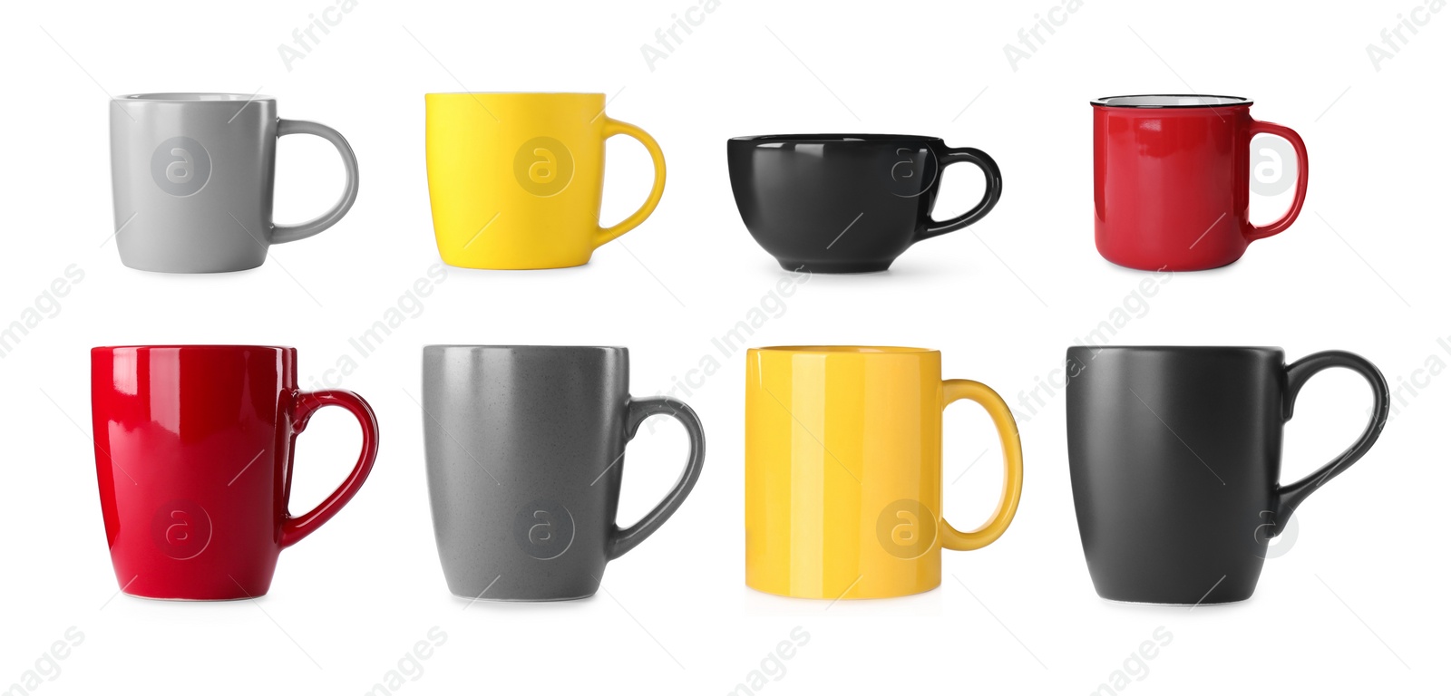 Image of Set with different beautiful cups on white background. Banner design