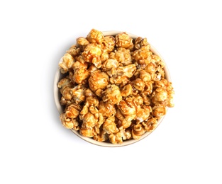 Photo of Delicious popcorn with caramel in bowl on white background