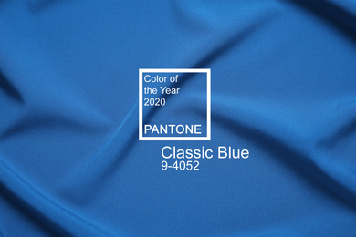 Image of Crumpled fabric, top view. Color of the year 2020 (Classic blue)