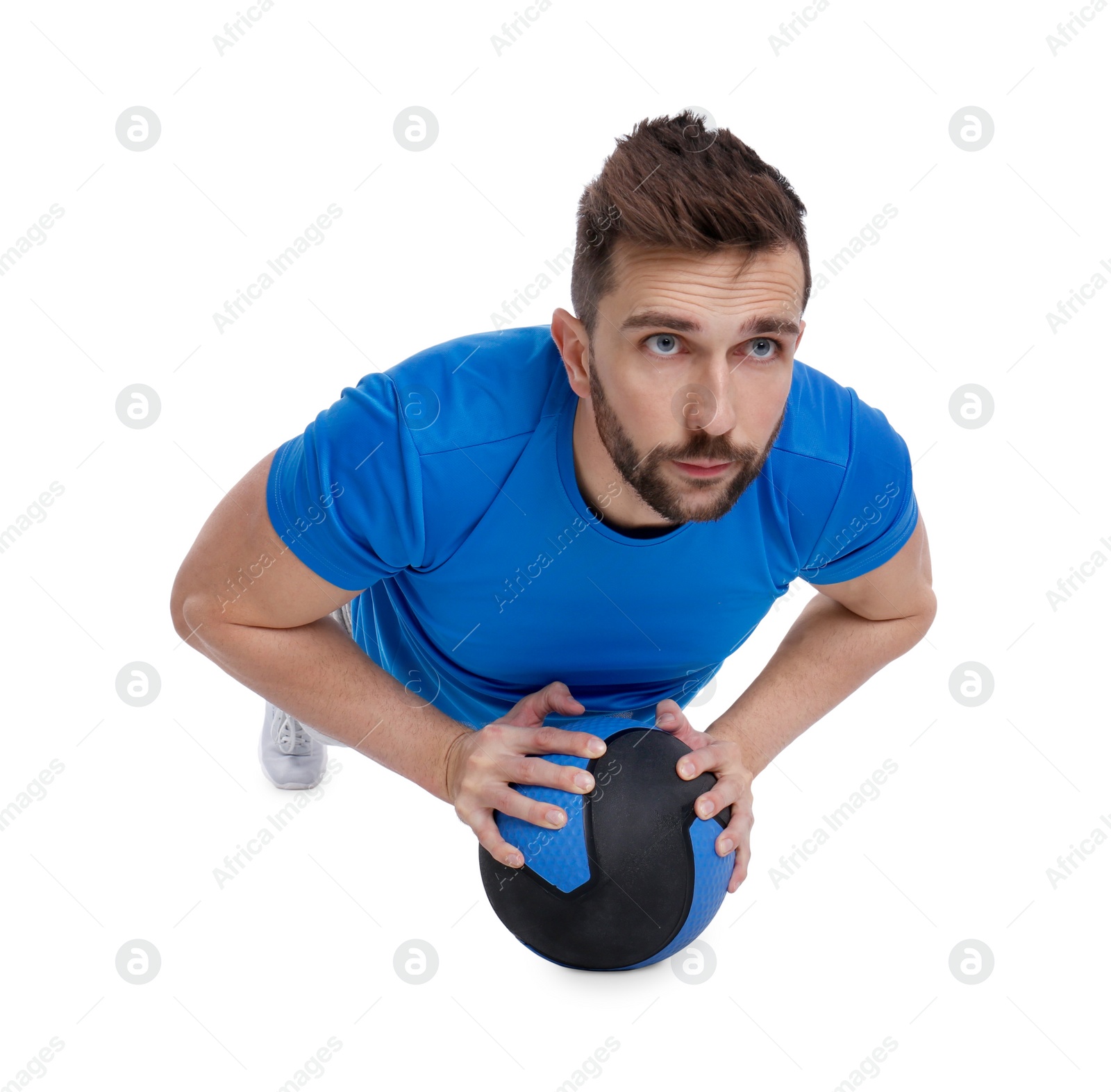 Photo of Athletic man doing exercise with medicine ball isolated on white