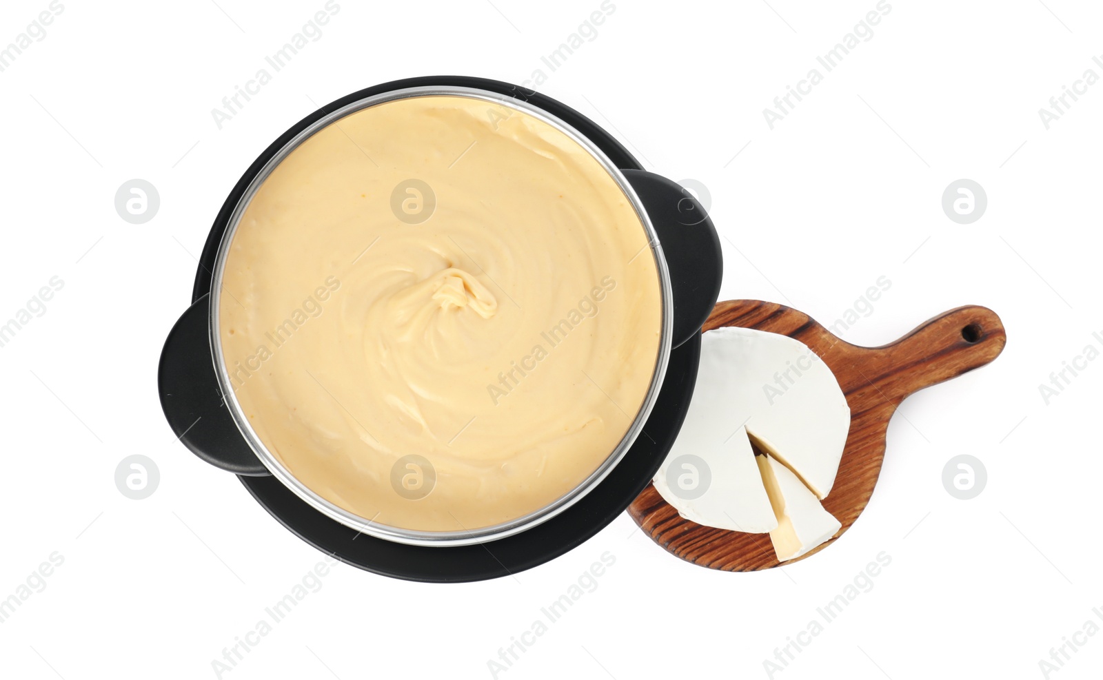 Photo of Fondue with tasty melted cheese and camembert isolated on white, top view