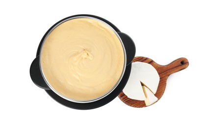 Photo of Fondue with tasty melted cheese and camembert isolated on white, top view