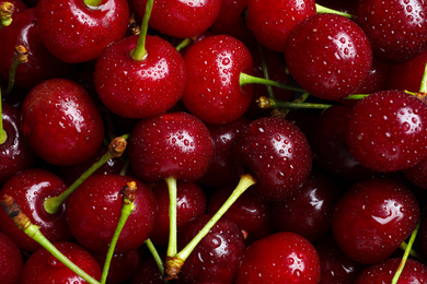 Photo of Sweet red cherries with water drops as background, closeup