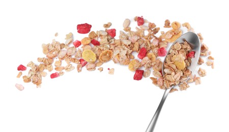 Photo of Spoon with granola on white background, top view. Healthy snack