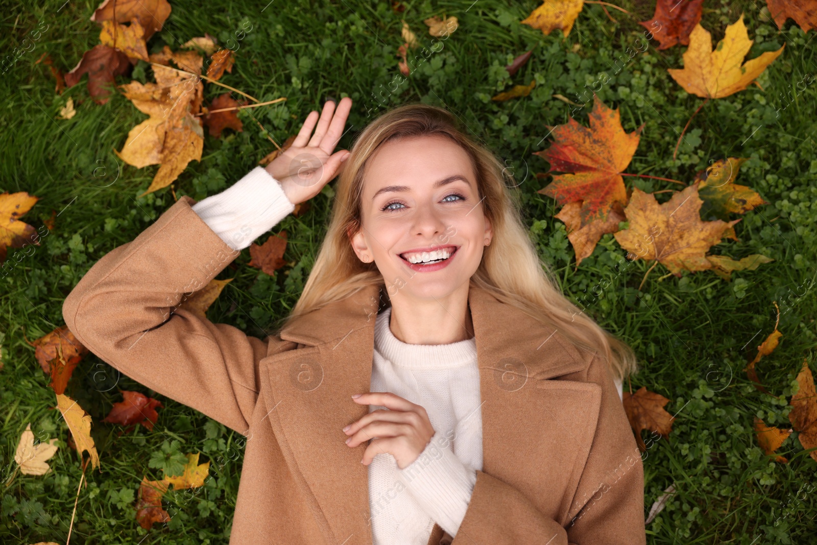 Photo of Smiling woman lying on grass among autumn leaves, top view