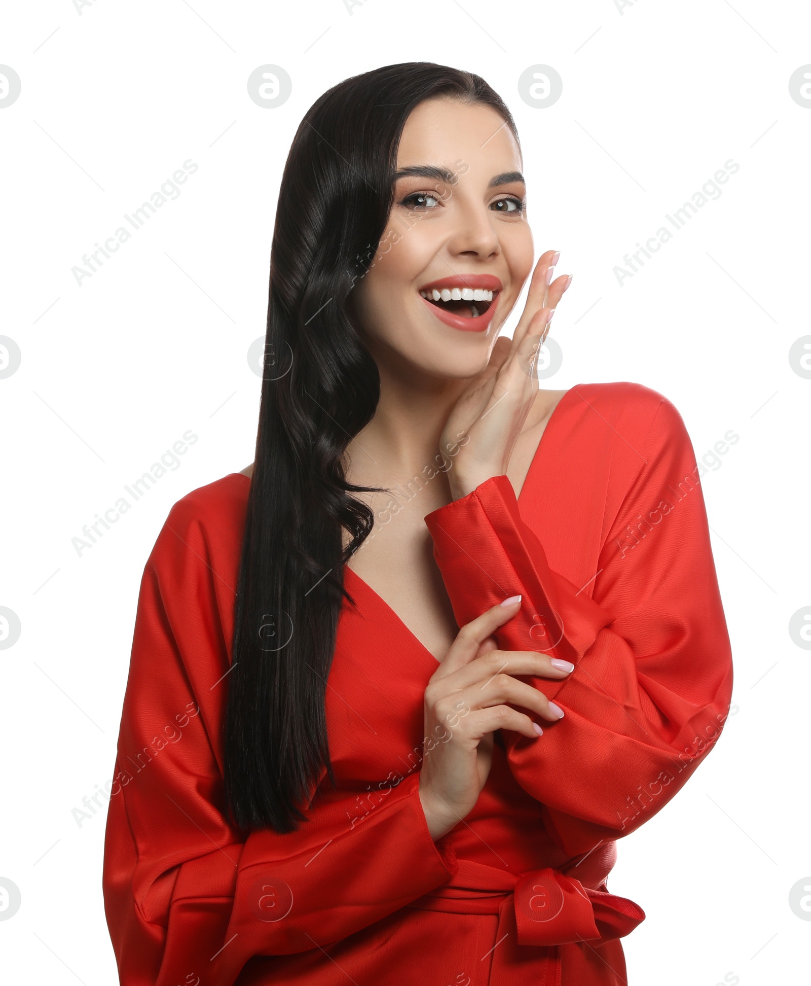 Photo of Portrait of surprised woman on white background