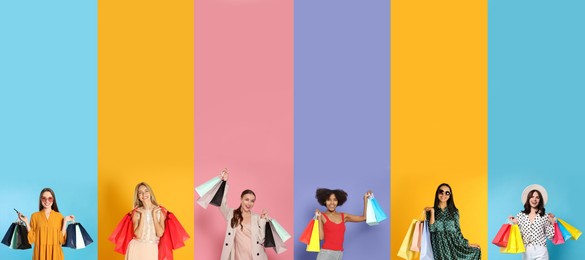 Image of Happy women with shopping bags on different color backgrounds, collage design