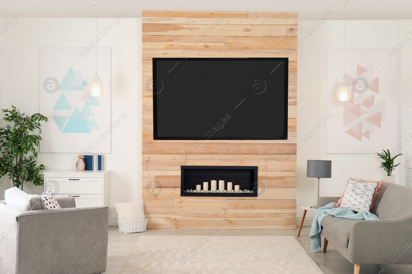 Photo of Living room interior with modern TV on wooden wall