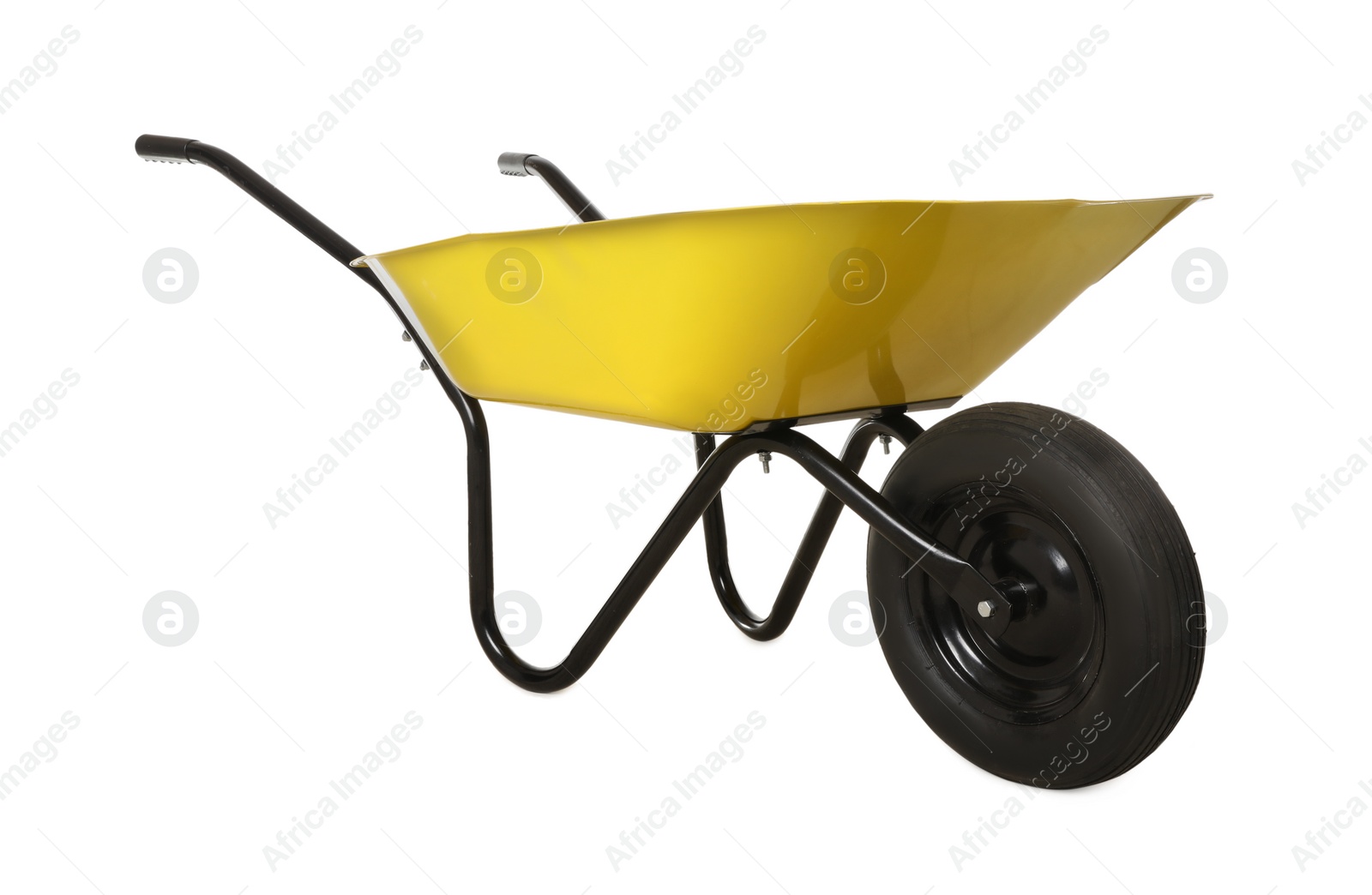 Photo of Yellow wheelbarrow isolated on white. Gardening tool
