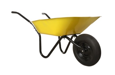 Yellow wheelbarrow isolated on white. Gardening tool