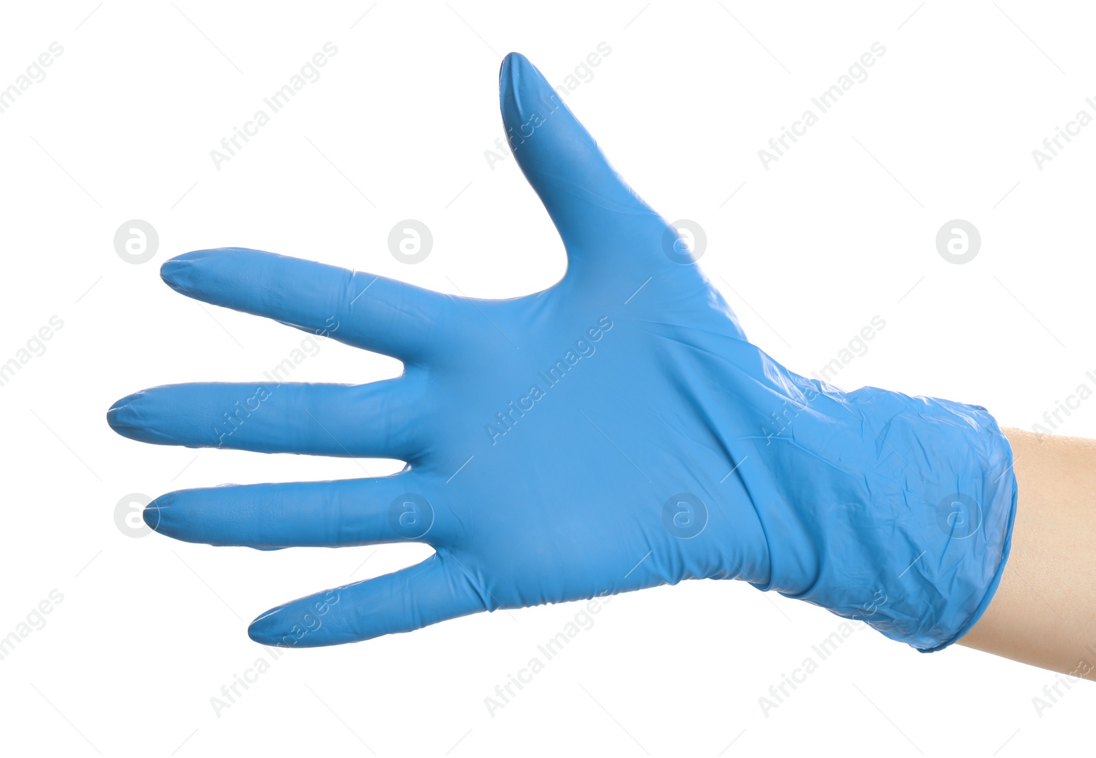 Photo of Woman in blue latex gloves on white background, closeup of hand