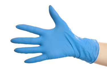 Photo of Woman in blue latex gloves on white background, closeup of hand