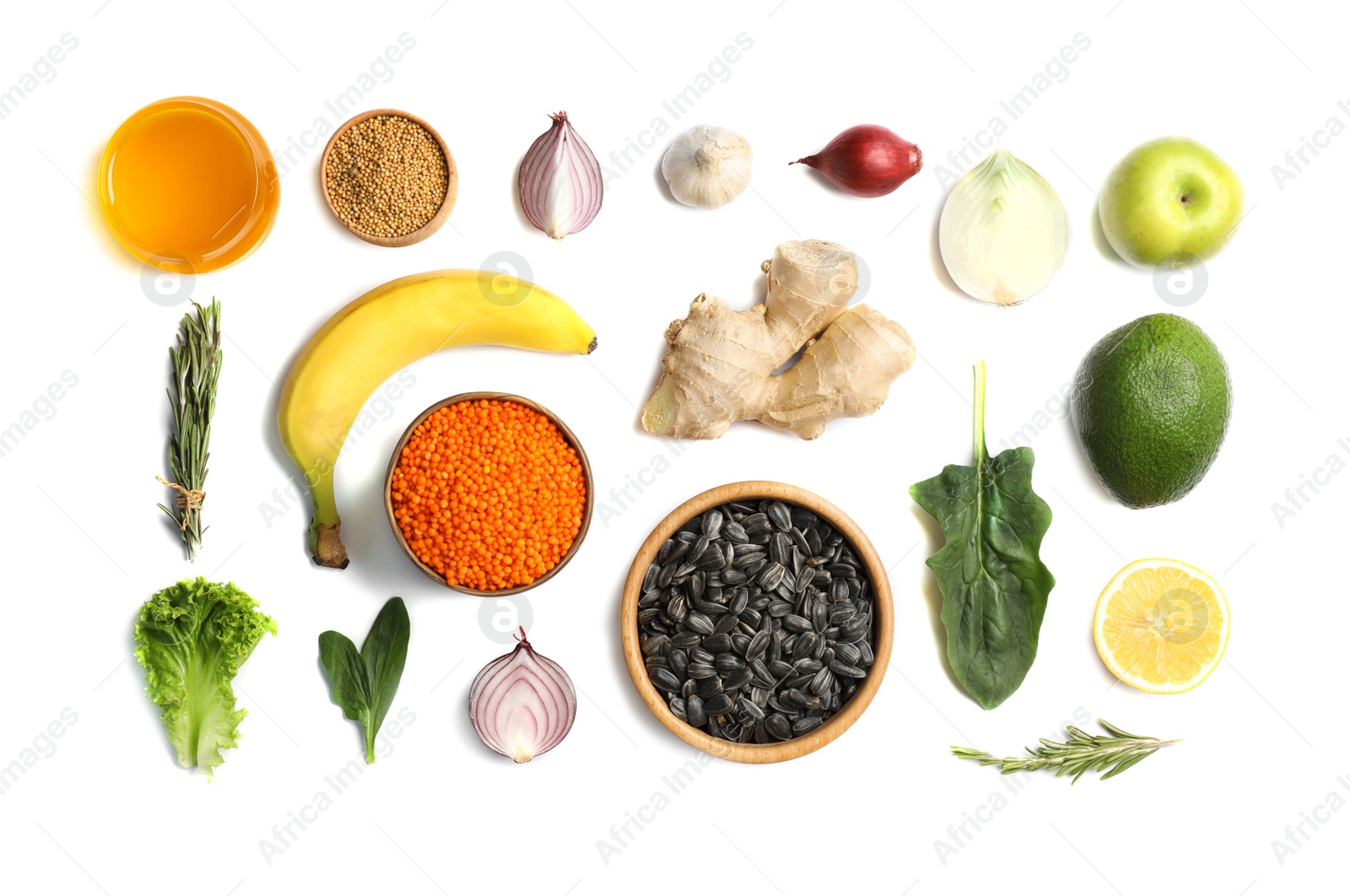 Photo of Natural products as home remedies for asthma on white background, top view