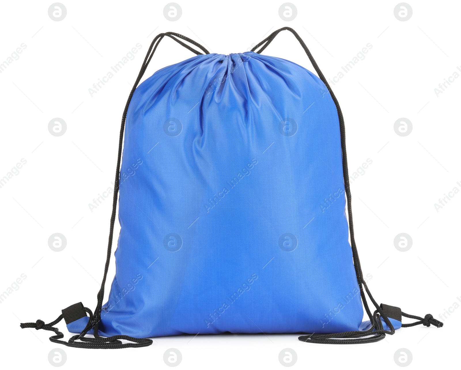 Photo of One blue drawstring bag isolated on white