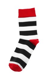 Photo of Striped sock isolated on white, top view