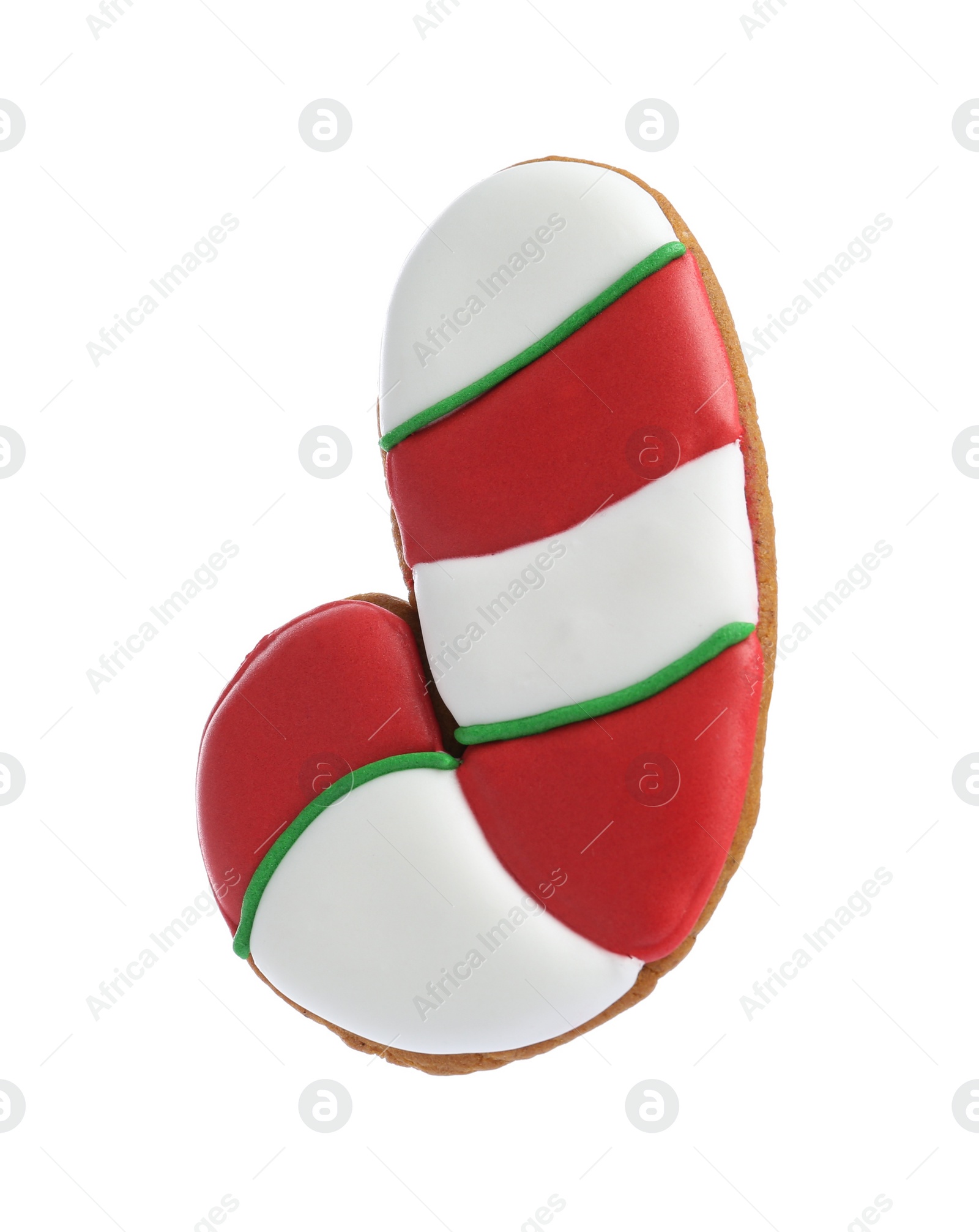 Photo of Christmas cookie in shape of candy cane isolated on white, top view