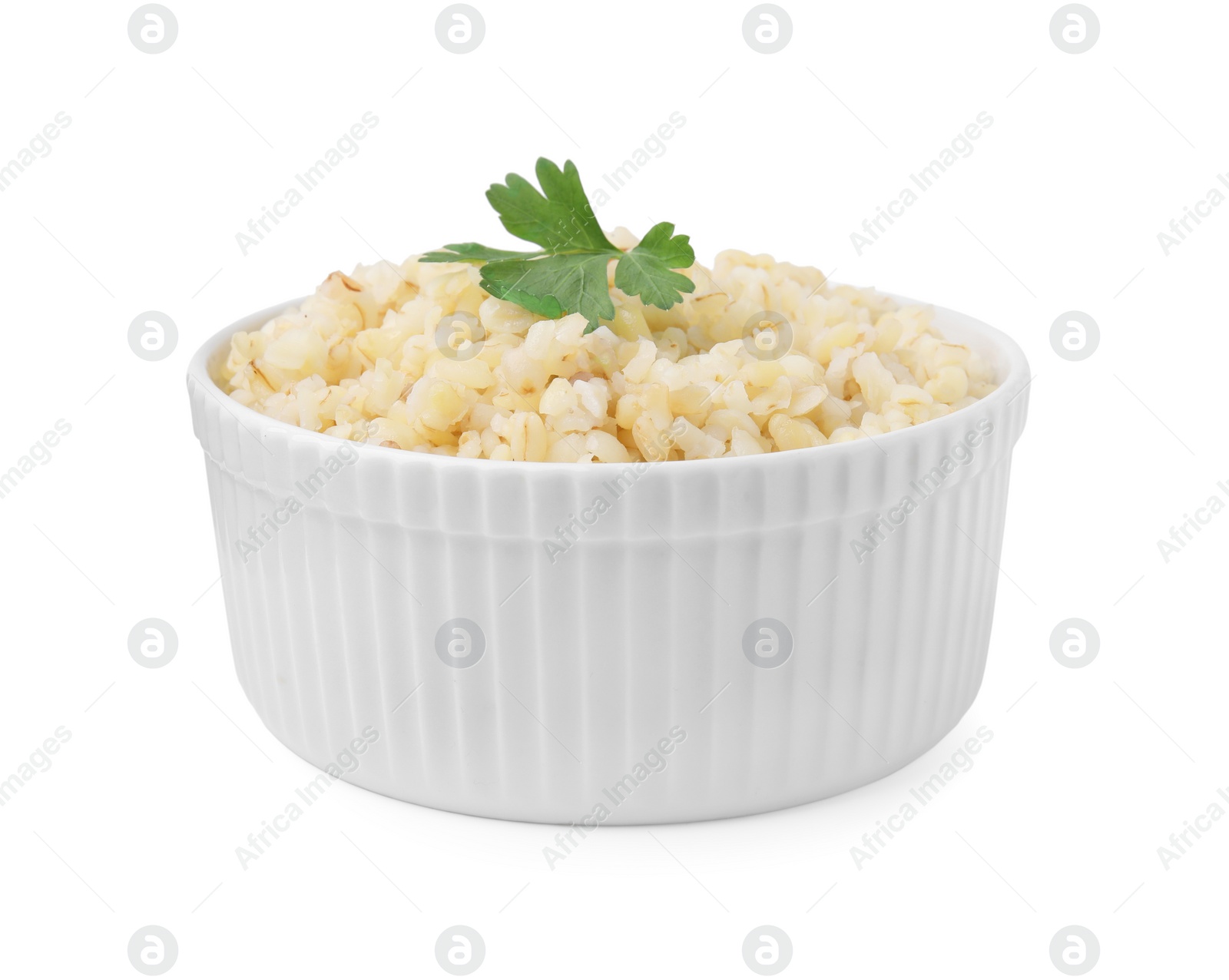 Photo of Cooked bulgur with parsley in bowl isolated on white