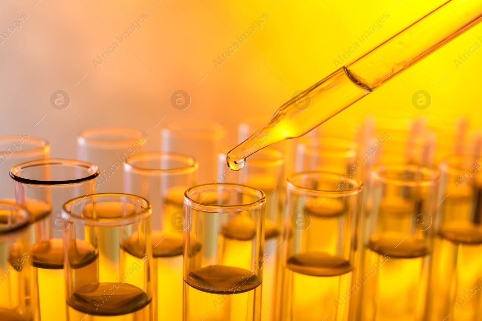 Photo of Dropping sample into test tube with liquid, closeup. Color tone effect