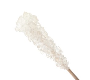 Photo of Wooden stick with sugar crystals isolated on white, closeup. Tasty rock candy