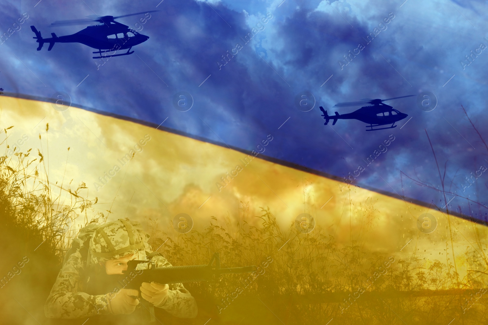 Image of Double exposure of Ukrainian national flag and soldier in combat zone