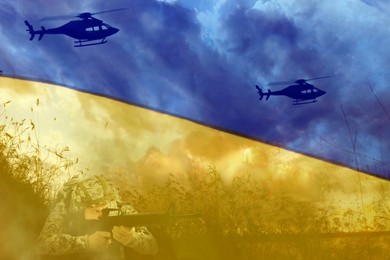 Image of Double exposure of Ukrainian national flag and soldier in combat zone
