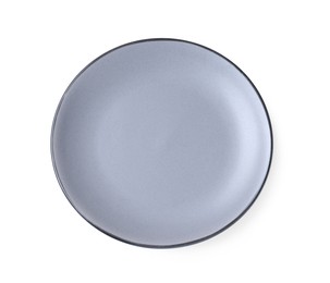 Photo of Empty light gray ceramic plate isolated on white, top view
