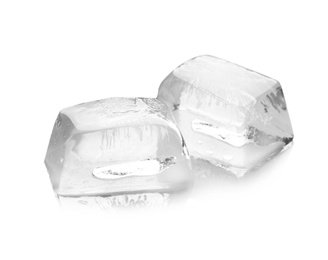 Transparent ice cubes melting on white background