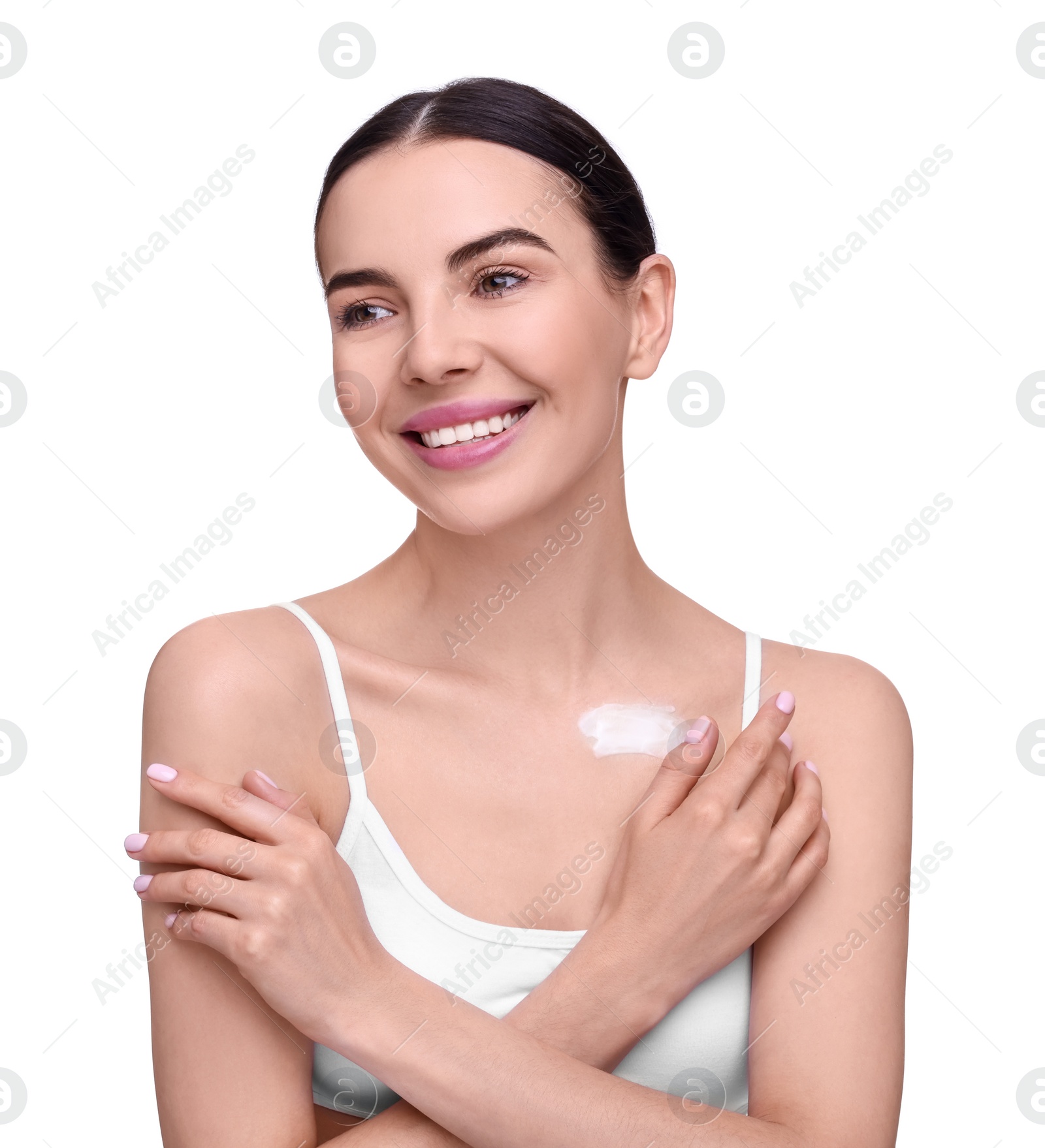 Photo of Beautiful woman with smear of body cream on her collarbone against white background