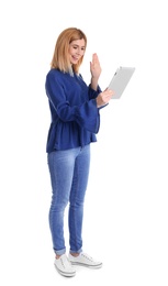 Photo of Woman using tablet for video chat isolated on white